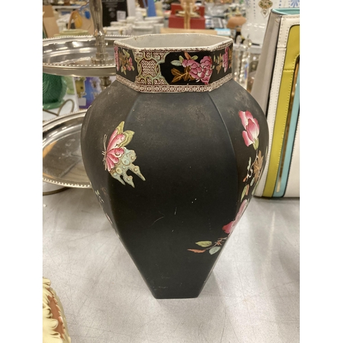 168 - A VINTAGE ADAMS, TUNSTALL HEXAGONAL VASE, BLACK WITH FLORAL PATTERN, HEIGHT 26CM