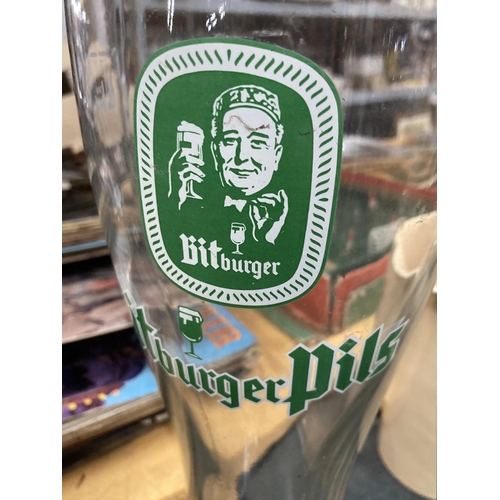 264 - THREE LARGE GLASS BITBURGER PILS AND KROMBACHER GLASS 'ALE' BOOTS, TALLEST 34CM