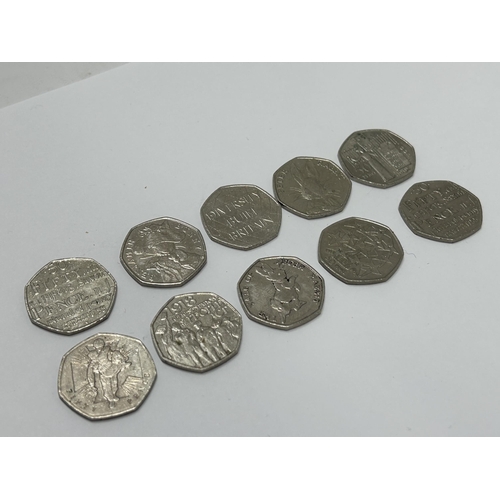 369 - TEN VARIOUS COLLECTABLE FIFTY PENCE PIECES TO INCLUDE, PETER RABBIT, ETC