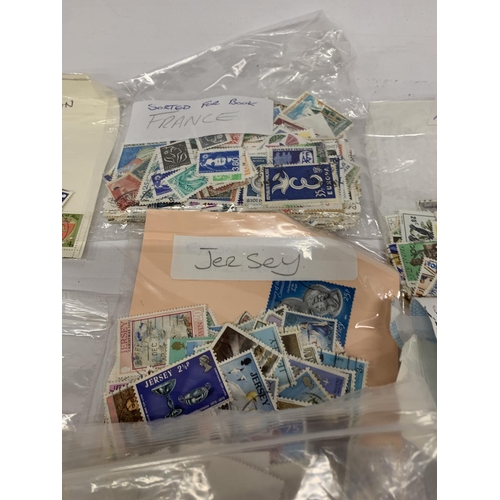 496A - EIGHT BAGS OF LOOSE STAMPS TO INCLUDE FRANCE, BAILWICK OF GUERNSEY, ISLE OF MAN, AFRICA, ETC.,