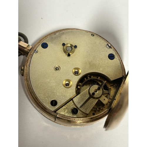 512 - A GENTLEMAN'S 9CT GOLD OPEN FACED POCKET WATCH GROSS WEIGHT 89.24 GRAMS WITH LEVER ESCAPEMENT AND A ... 