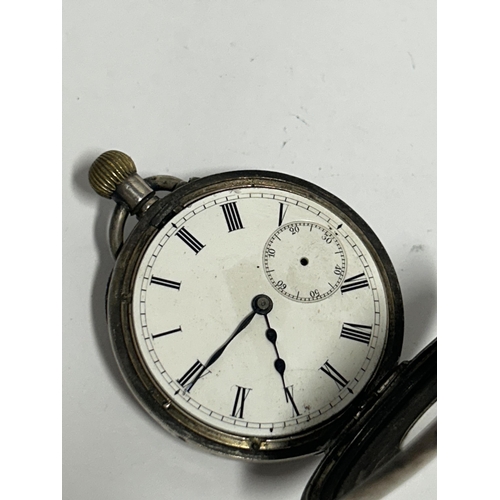 517 - A .935 SILVER HALF HUNTER POCKET WATCH GROSS WEIGHT 77.57 GRAMS, REQUIRES ATTENTION