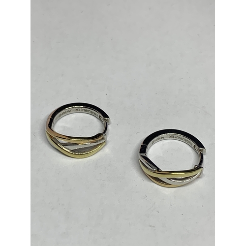 631 - A PAIR OF SILVER AND TRI COLOURED GOLD PLATED EARRINGS IN A PRESENTATION BOX