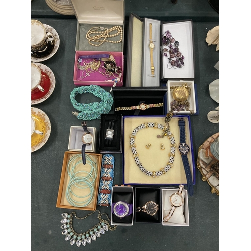 803 - A QUANTITY OF COSTUME JEWELLERY, MOST OF IT BOXED, TO INCLUDE WATCHES, NECKLACES, BANGLES, ETC