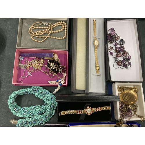 803 - A QUANTITY OF COSTUME JEWELLERY, MOST OF IT BOXED, TO INCLUDE WATCHES, NECKLACES, BANGLES, ETC