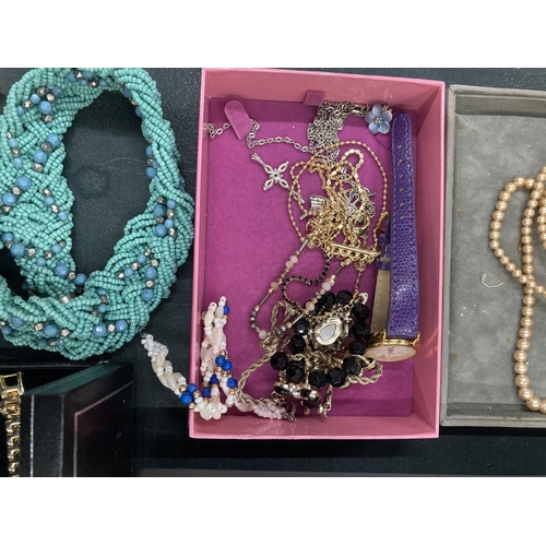 803 - A QUANTITY OF COSTUME JEWELLERY, MOST OF IT BOXED, TO INCLUDE WATCHES, NECKLACES, BANGLES, ETC