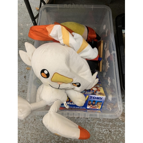 1017 - A BOX OF ASSORTED TOYS, POKEMON SOFT TOY TOMY SSHH! GAME, TOY STORY PINBALL ETC