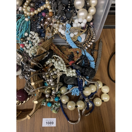 1089 - A BOX OF ASSORTED COSTUME JEWELLERY, NECKLACES ETC