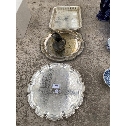 1955 - THREE SILVER PLATED TRAYS AND A JUG ETC