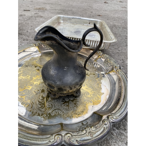 1955 - THREE SILVER PLATED TRAYS AND A JUG ETC