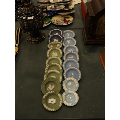 106 - A COLLECTION OF WEDGWOOD BLUE AND GREEN PIN TRAYS AND ASHTRAYS