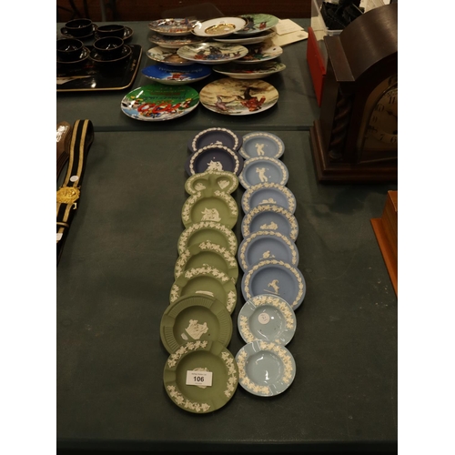 106 - A COLLECTION OF WEDGWOOD BLUE AND GREEN PIN TRAYS AND ASHTRAYS