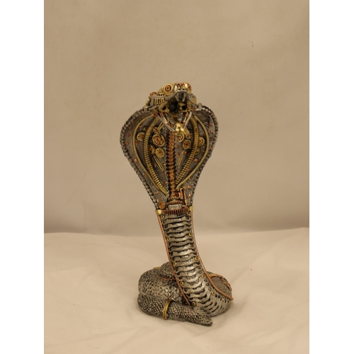 128 - A STEAM PUNK MODEL OF A GOLD AND SILVER COLOURED COBRA, HEIGHT 33CM