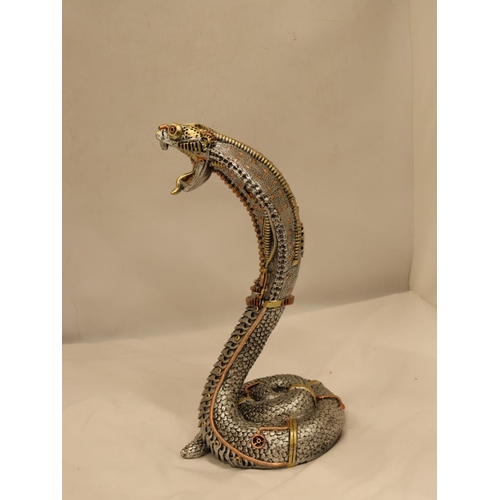 128 - A STEAM PUNK MODEL OF A GOLD AND SILVER COLOURED COBRA, HEIGHT 33CM