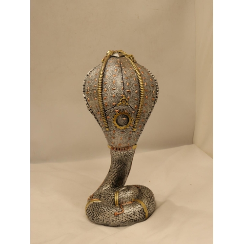 128 - A STEAM PUNK MODEL OF A GOLD AND SILVER COLOURED COBRA, HEIGHT 33CM