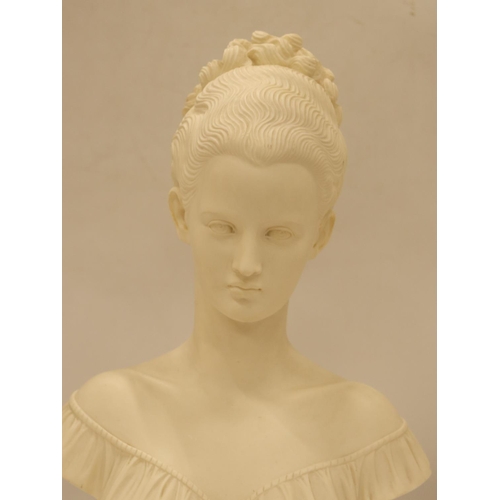 135 - A BUST OF A LADY ON A MARBLE PLINTH, HEIGHT 33CM