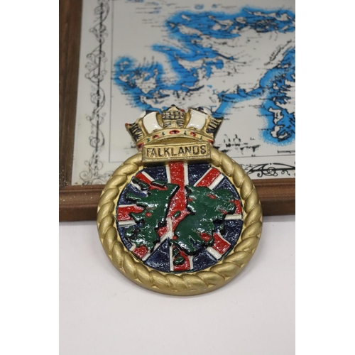 143 - A FALKLANDS ISLANDS MIRROR MAP AND MILITARY WALL PLAQUE