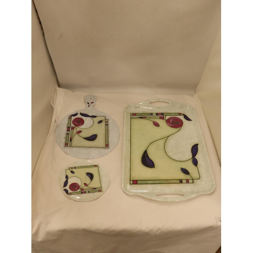 146 - THREE CHARLES RENNIE McINTOSH PATTERNED CHEESEBOARD, TRAY AND TEAPOT STAND