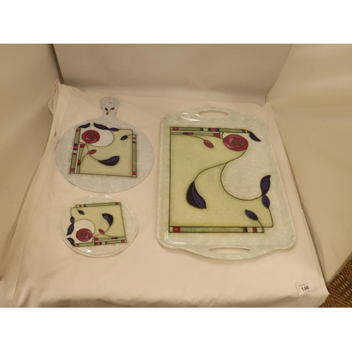 146 - THREE CHARLES RENNIE McINTOSH PATTERNED CHEESEBOARD, TRAY AND TEAPOT STAND