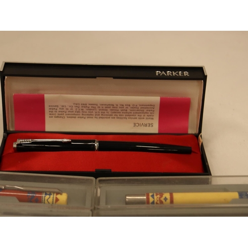 149 - FIVE BOXED PARKER PENS PLUS A PARKER BADGE