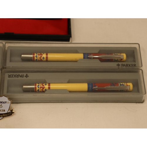 149 - FIVE BOXED PARKER PENS PLUS A PARKER BADGE