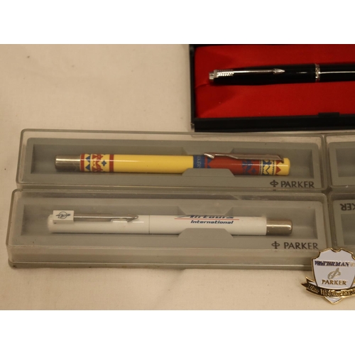 149 - FIVE BOXED PARKER PENS PLUS A PARKER BADGE