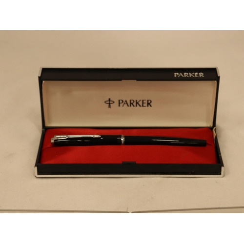 149 - FIVE BOXED PARKER PENS PLUS A PARKER BADGE