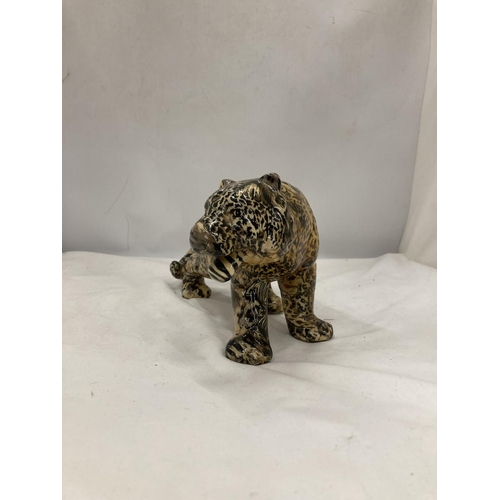 169 - A MODEL OF A LARGE CAT WITH A PATCHWORK SAFARI DESIGN, HEIGHT 15CM, LENGTH 30CM