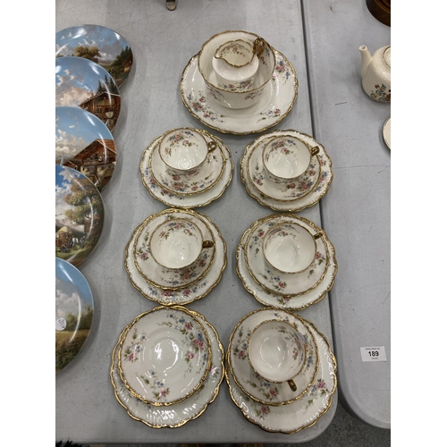 189 - A VINTAGE PART TEASET TO INCLUDE A CAKE PLATE, CREAM JUG, SUGAR BOWL, CUPS, SAUCERS AND SIDE PLATES