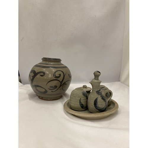 195 - A STUDIO POTTERY BULBOUS VASE, PLATE AND CRUETS WITH MAKERS NAME TO THE BASE