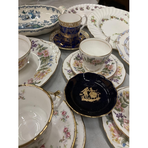 225 - A LARGE QUANTITY OF VINTAGE CHINA TEAWARE TO INCLUDE PARAGON TRIOS, CAKE PLATE AND SUGAR BOWL, ELIZA... 