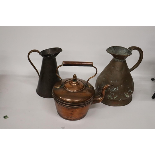 236 - THREE VINTAGE COPPER ITEMS TO INCLUDE A GALLON JUG, SMALLER JUG AND A COPPER KETTLE