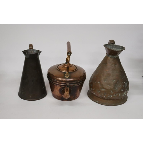 236 - THREE VINTAGE COPPER ITEMS TO INCLUDE A GALLON JUG, SMALLER JUG AND A COPPER KETTLE