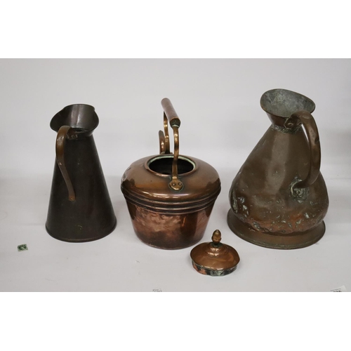 236 - THREE VINTAGE COPPER ITEMS TO INCLUDE A GALLON JUG, SMALLER JUG AND A COPPER KETTLE