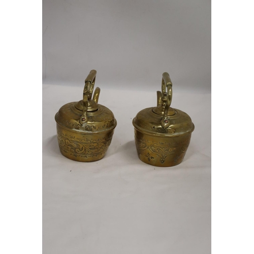 238 - TWO SMALL VINTAGE BRASS TEAPOTS