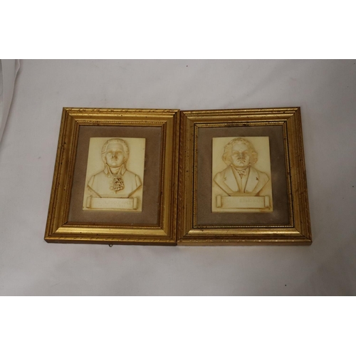 242 - TWO GILT FRAMED 3D IMAGES OF BEETHOVEN AND MOZART, 19CM X 22CM