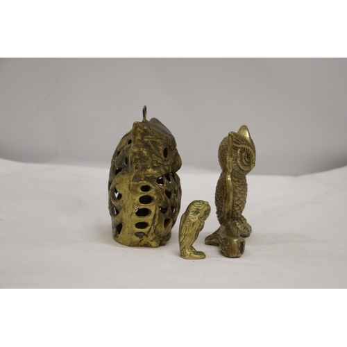 251 - THREE BRASS OWLS, LARGEST 13CM