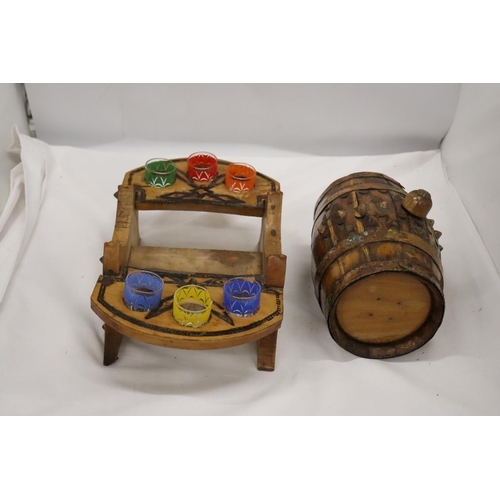 255 - A SMALL VINTAGE BARREL WITH SIX GLASSES - 1 A/F