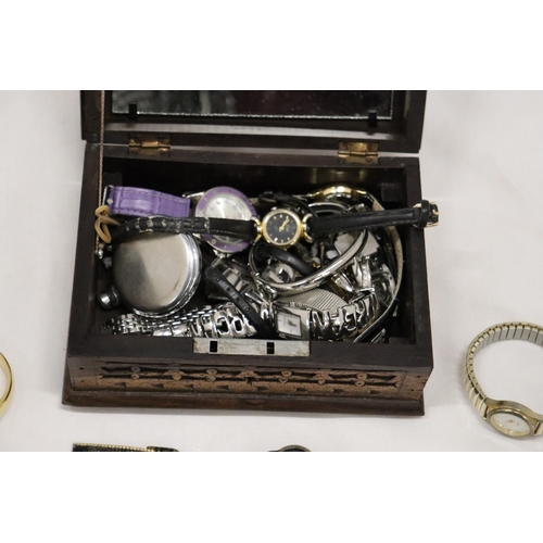 257 - A QUANTITY OF WRISTWATCHES TO INCLUDE LIMIT - 8 IN TOTAL PLUS A CARVED WOODEN BOX WITH A QUANTITY OF... 