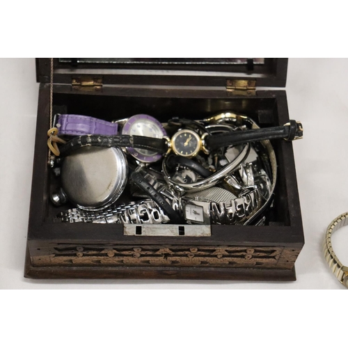 257 - A QUANTITY OF WRISTWATCHES TO INCLUDE LIMIT - 8 IN TOTAL PLUS A CARVED WOODEN BOX WITH A QUANTITY OF... 