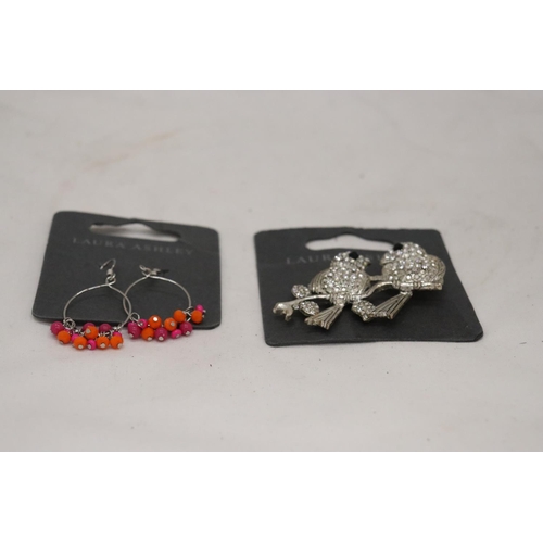 282 - TWO ITEMS OF LAURA ASHLEY JEWELLERY TO INCLUDE A PAIR OF EARRINGS AND A BIRD BROOCH