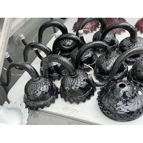 1620 - NINE VINTAGE AND RETRO BLACK MURANO GLASS LIGHT FITTINGS AND SHADES