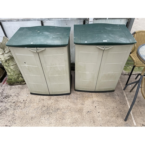 1630 - TWO PLASTIC GARDEN STORAGE CUPBOARD WITH TWO DOORS AND ENCLOSING SHELVES