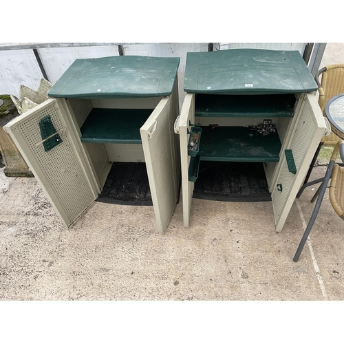 1630 - TWO PLASTIC GARDEN STORAGE CUPBOARD WITH TWO DOORS AND ENCLOSING SHELVES