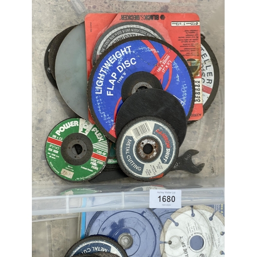 1680 - AN ASSORTMENT OF ITEMS TO INCLUDE TWO VOLT METERS AND GRINDING DISCS ETC