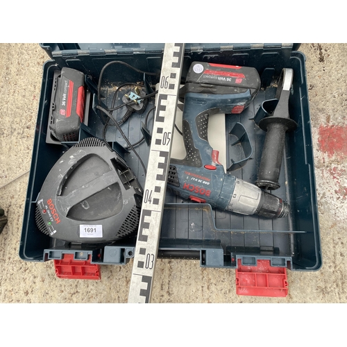 1691 - A CASED BOSCH BATTERY DRILL WITH CHARGER AND TWO BATTERIES