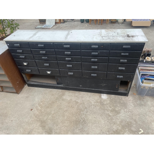 1734 - A VINTAGE 27 DRAWER HABERDASHERY CABINET WITH 25 SHORT DRAWERS AND TWO BOTTOM SLIDING DRAWERS, LENGT... 