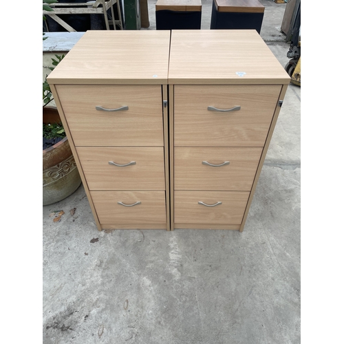 1737 - A PAIR OF THREE DRAWER WOODEN FILING CABINETS, BOTH WITH A KEY