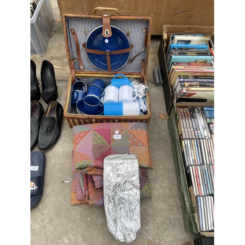 1741 - A VINTAGE WICKER BASKET AND PICNIC SET TO INCLUDE A BLANKET