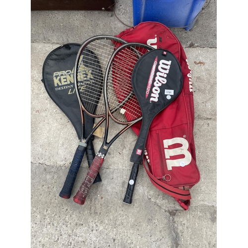 1791 - VARIOUS TENNIS AND SQUASH RACKETS TO INCLUDE WILSON, ETC